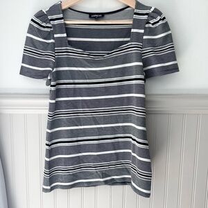 Express Size Medium Charcoal Gray White Striped Stretchy Fitted Short Sleeve Top